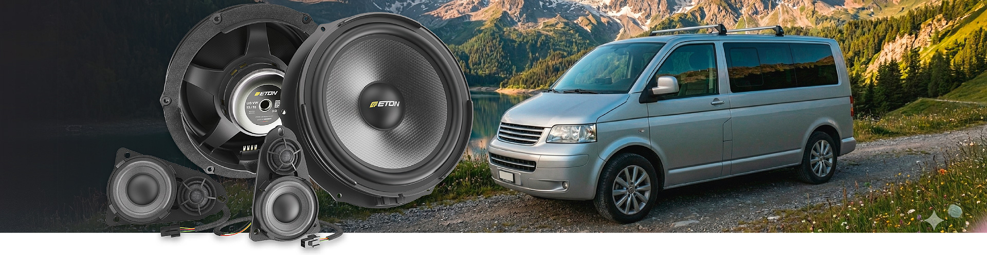ETON Lautsprecher, AXTON Aktivsubwoofer und Audiotec Fischer Helix Verstärker für VW
